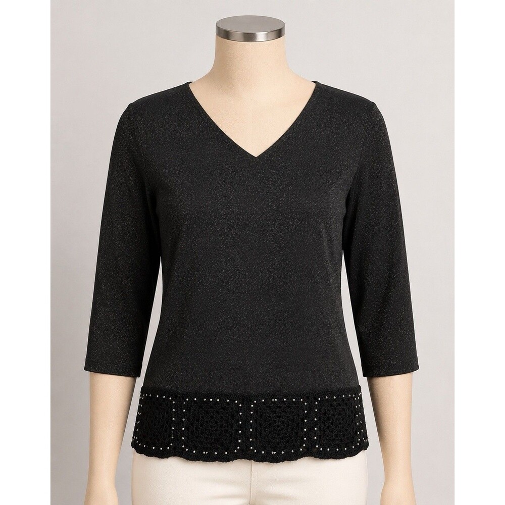 Vintage 90s Joseph A. Women's XL Black Metallic Knit Blouse Beaded Crochet Hem